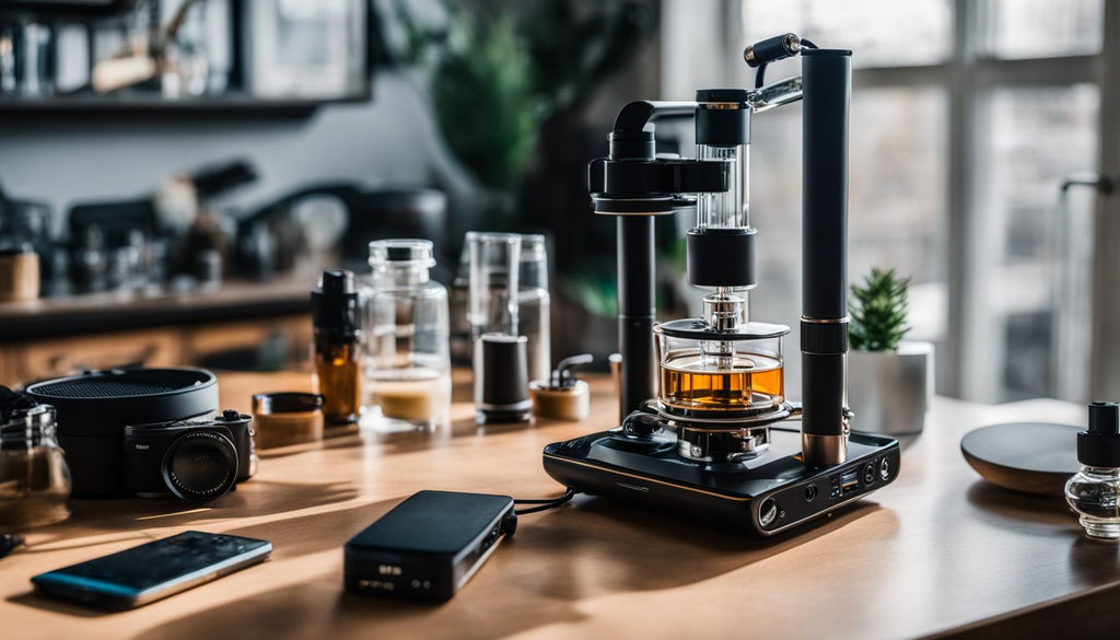 A photo of a clean dab rig and vaporizer on a modern table.