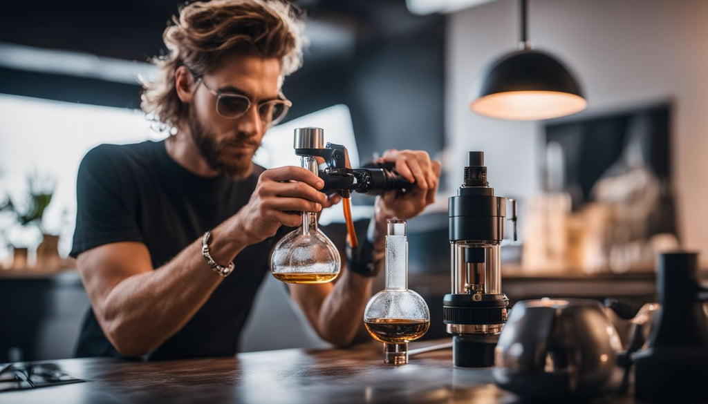 A person taking a dab with a dab rig in a modern setting.