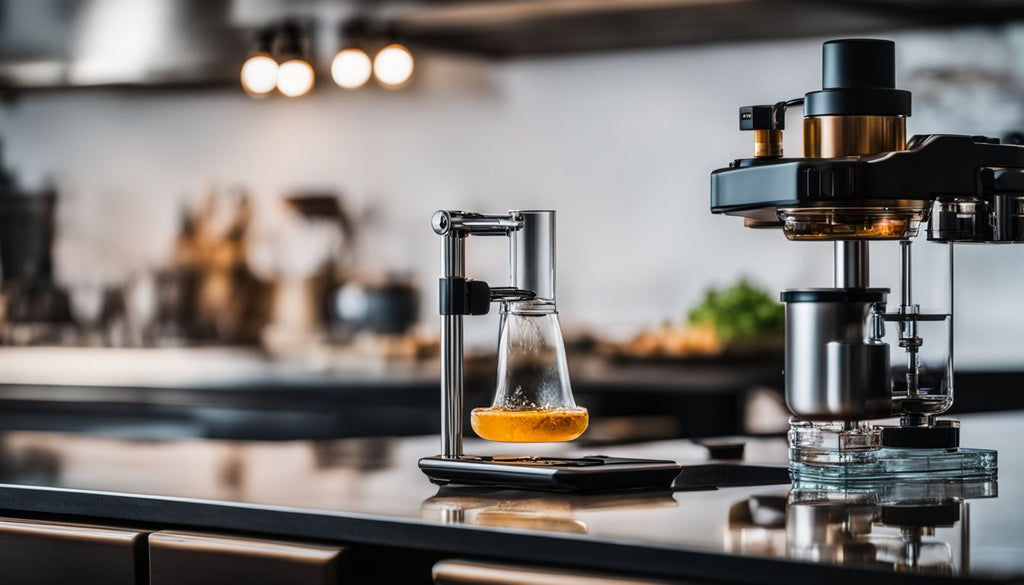 A stylish glass dab rig on a modern kitchen countertop.