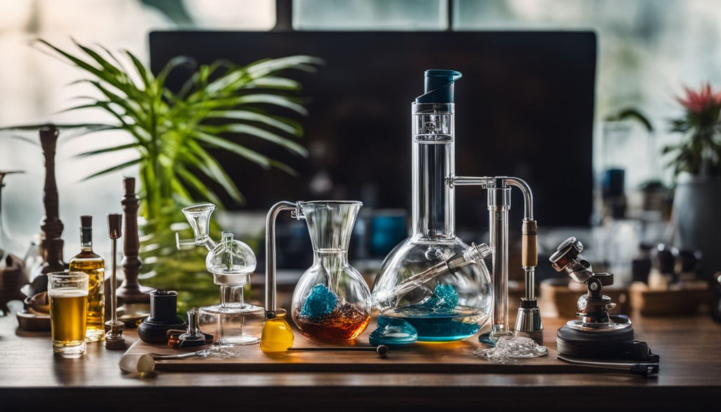 A glass bong and various dab tools on a well-organized table.
