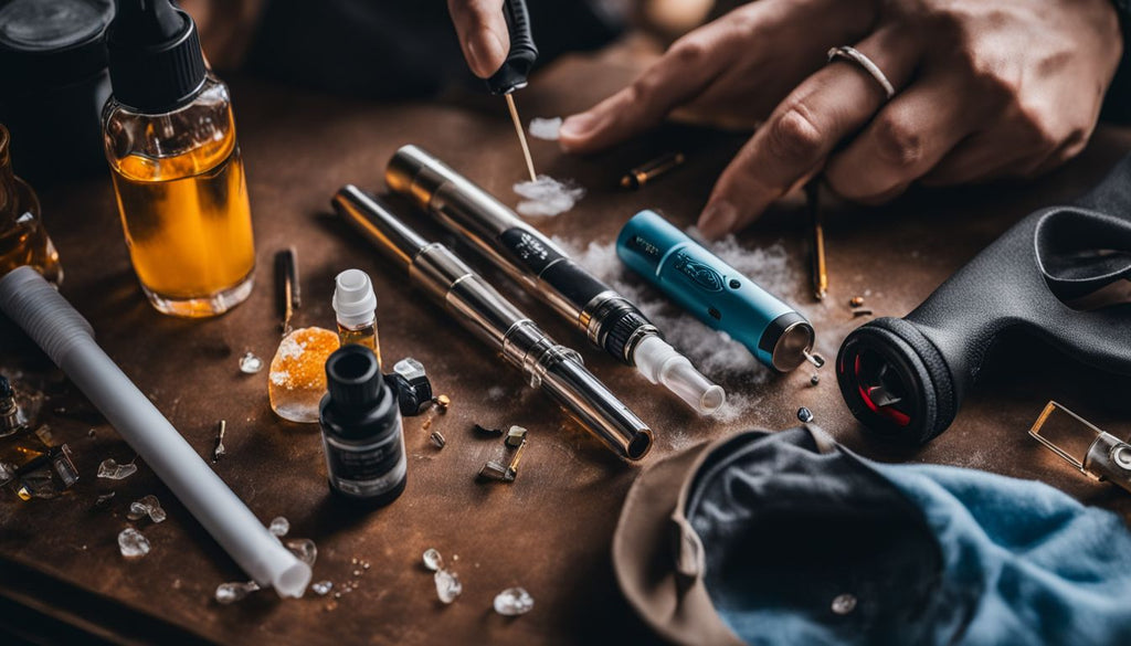 A person cleaning a vape pen surrounded by cleaning tools and supplies.