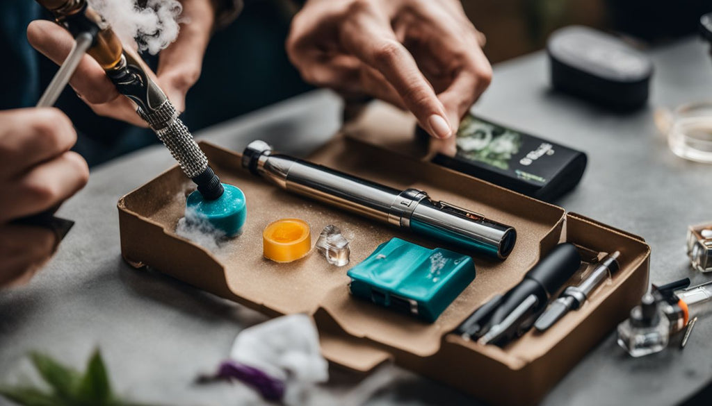 A person cleaning a vape cartridge surrounded by vaping accessories.