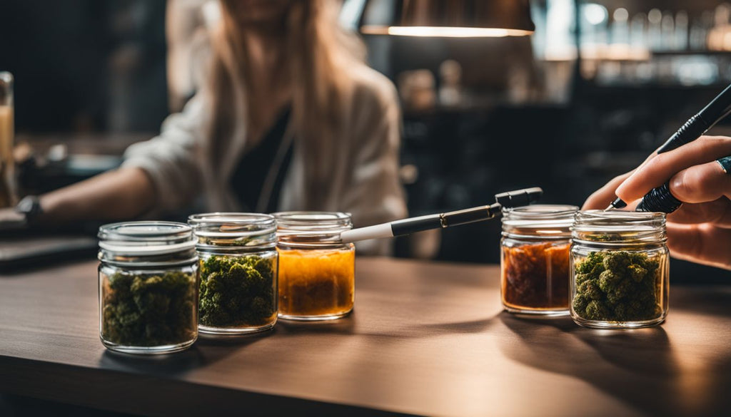 A person holding a dab pen with cannabis concentrate jars.