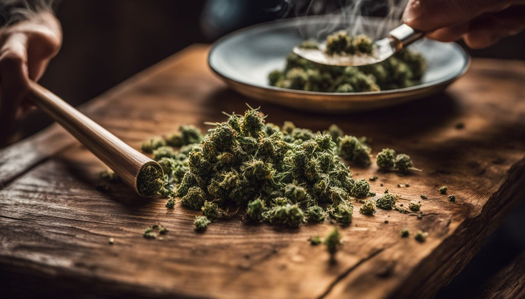 A person rolling dabs with weed on a rustic wooden table.