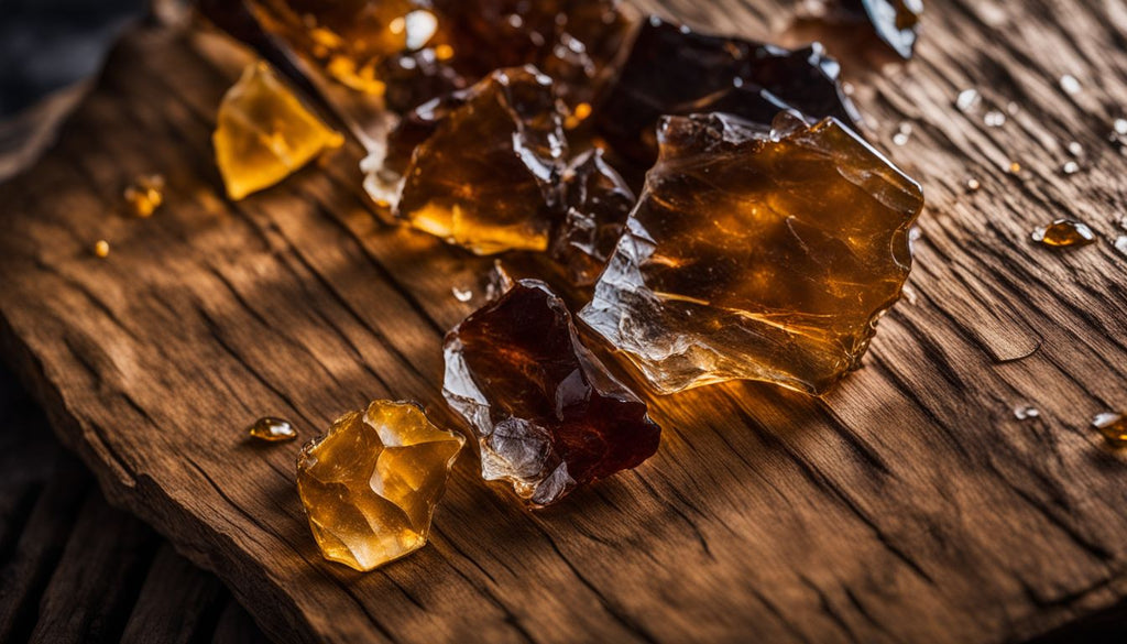 A close-up photo of rosin shatter on a wooden surface.