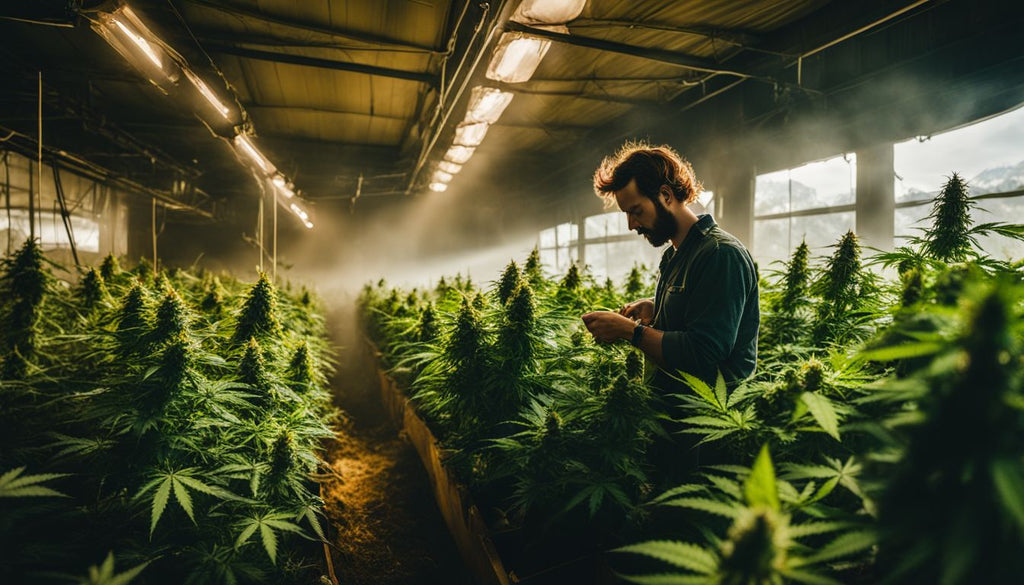 A person extracts rosin in a cannabis farm surrounded by nature.