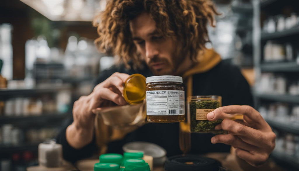 A person holding a marijuana concentrate container surrounded by medical supplies.