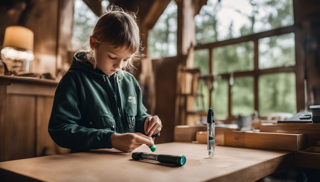 A person is storing a dab pen in child-resistant packaging on a stable surface.