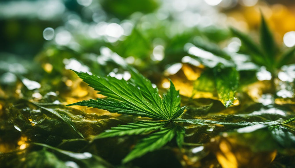 A close-up photo of cannabis shatter concentrate surrounded by marijuana leaves.