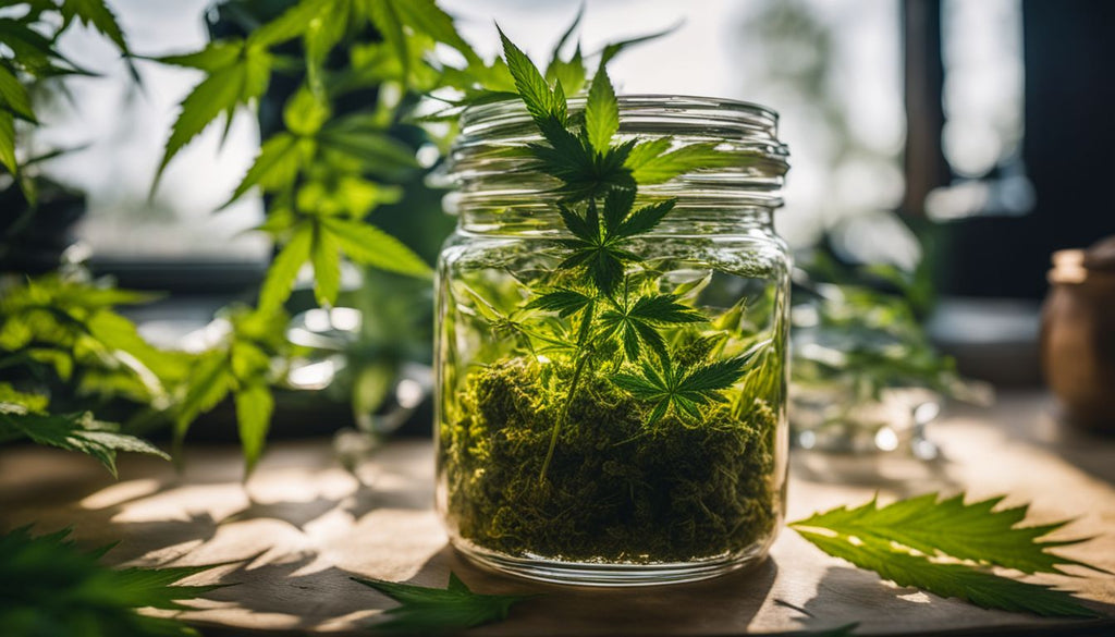 A clear glass jar of shatter surrounded by cannabis leaves.