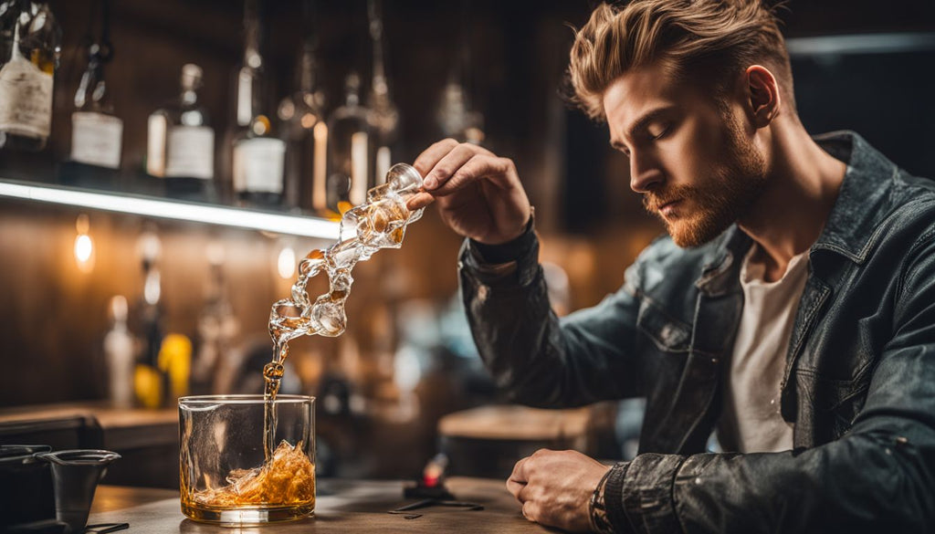 A person using a dab rig to consume shatter in a modern indoor setting.