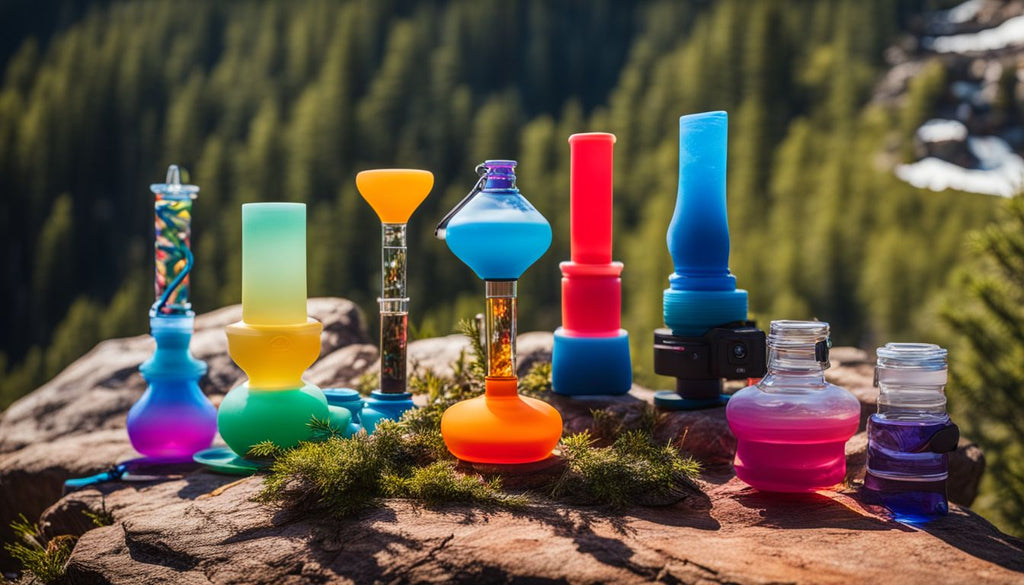 Colorful silicone dab rigs displayed on a mountain hiking trail.