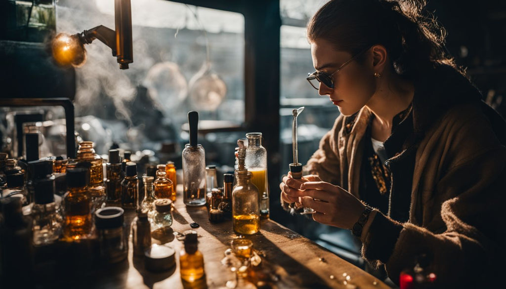 A person using a dab rig surrounded by various concentrates in a bustling atmosphere.