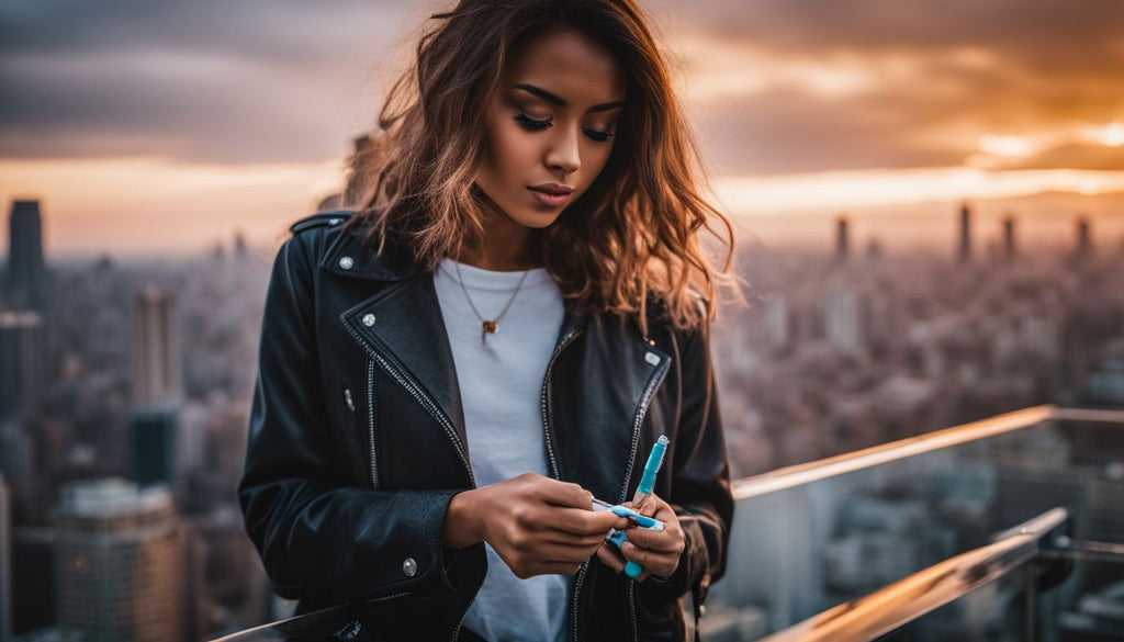 A person clearing a clogged vape pen in a cityscape.