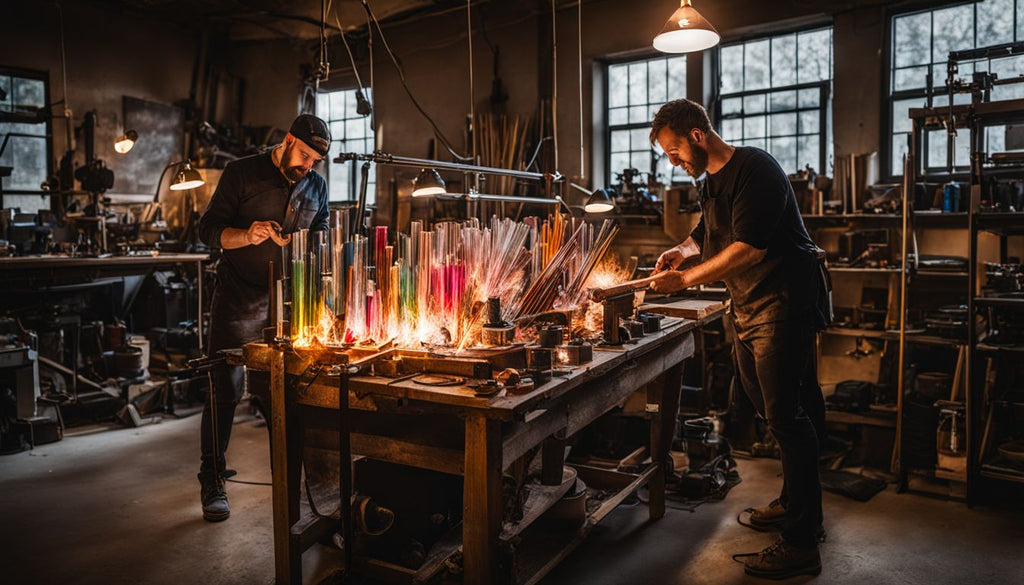 A glassblowing studio with a variety of tools and glass rods.