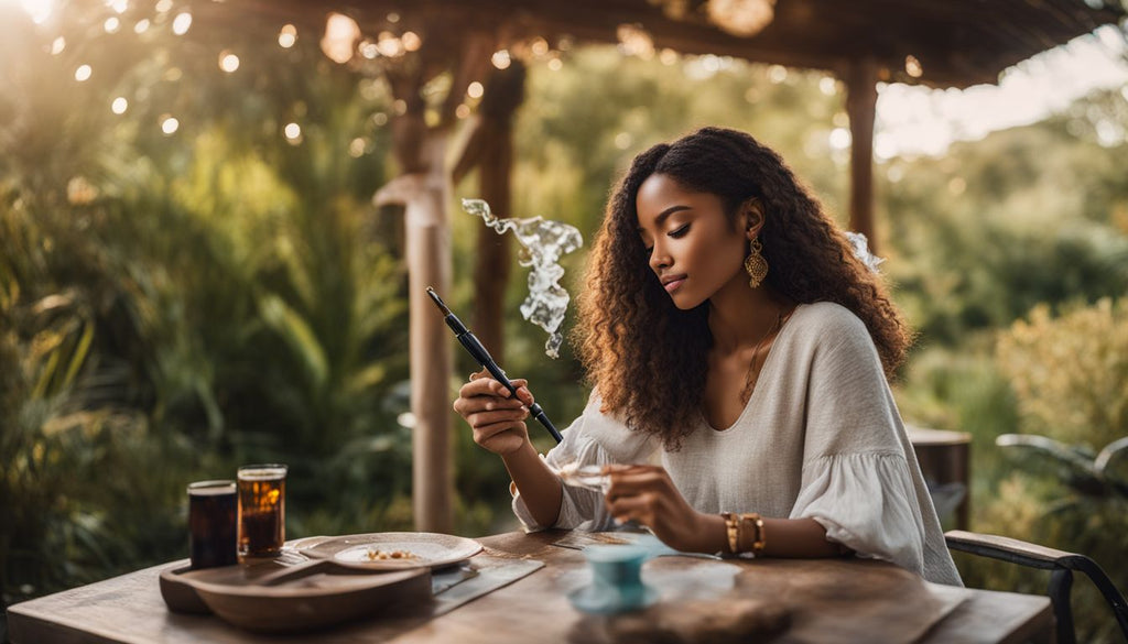 A person enjoying a dab pen in a natural outdoor setting.