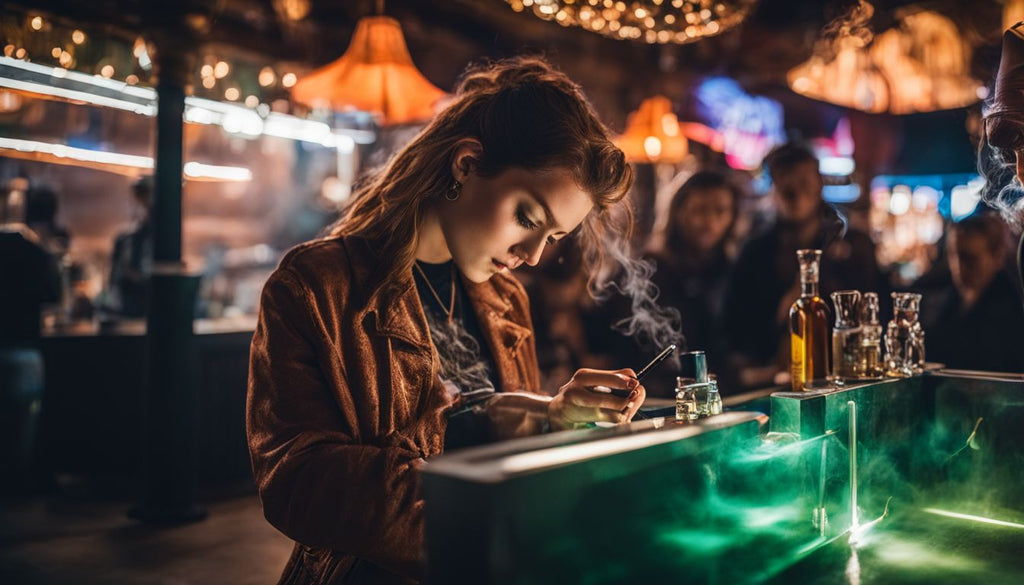 A person using a dab rig in a well-organized smoking area.