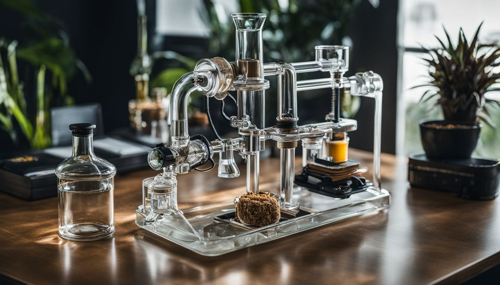 A recycler dab rig surrounded by modern decor in a bustling atmosphere.