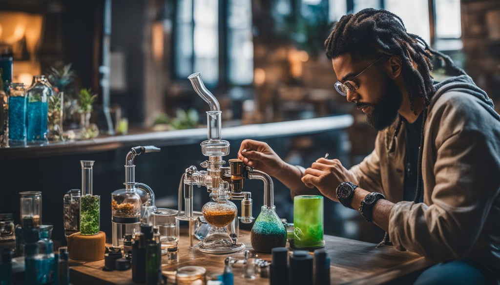 A person using a recycler dab rig in a modern indoor setting.