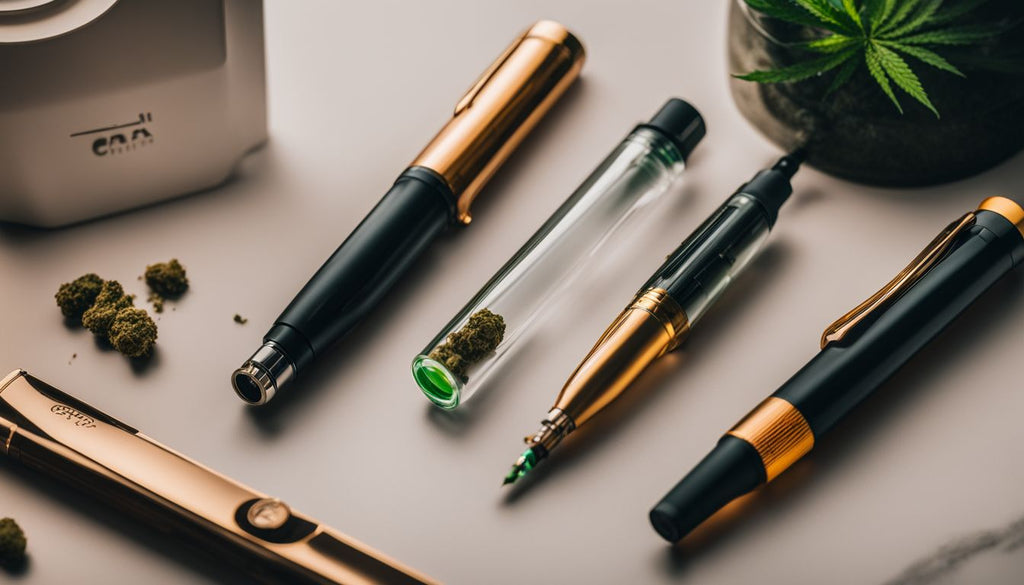 A selection of stylish dab pen and cannabis cartridges on a modern tabletop.