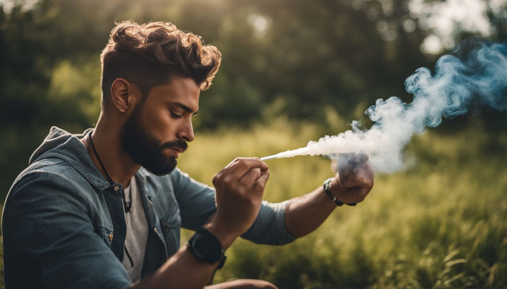 A person exhales dab smoke in a serene outdoor setting.