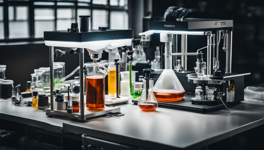 Lab equipment set up for THC extraction with professional tools.