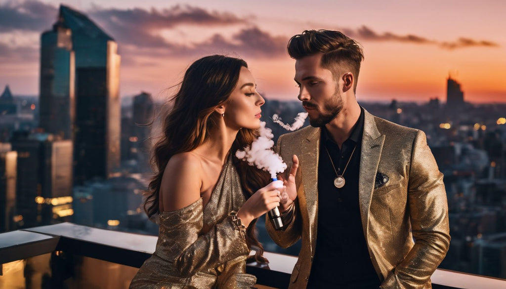 A famous celebrity enjoying vaping in a luxurious rooftop setting at sunset.