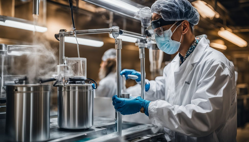 A person operating a CO2 extractor machine in a cannabis processing facility.