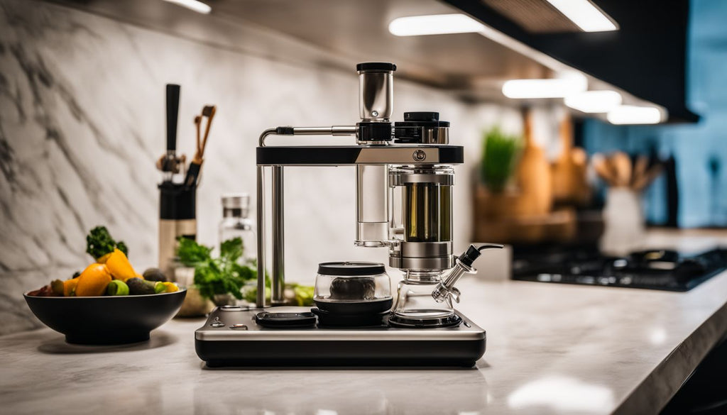 A clean dab rig on a modern countertop in a photo.