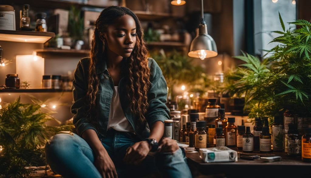 A person surrounded by cannabis products and various people's faces.