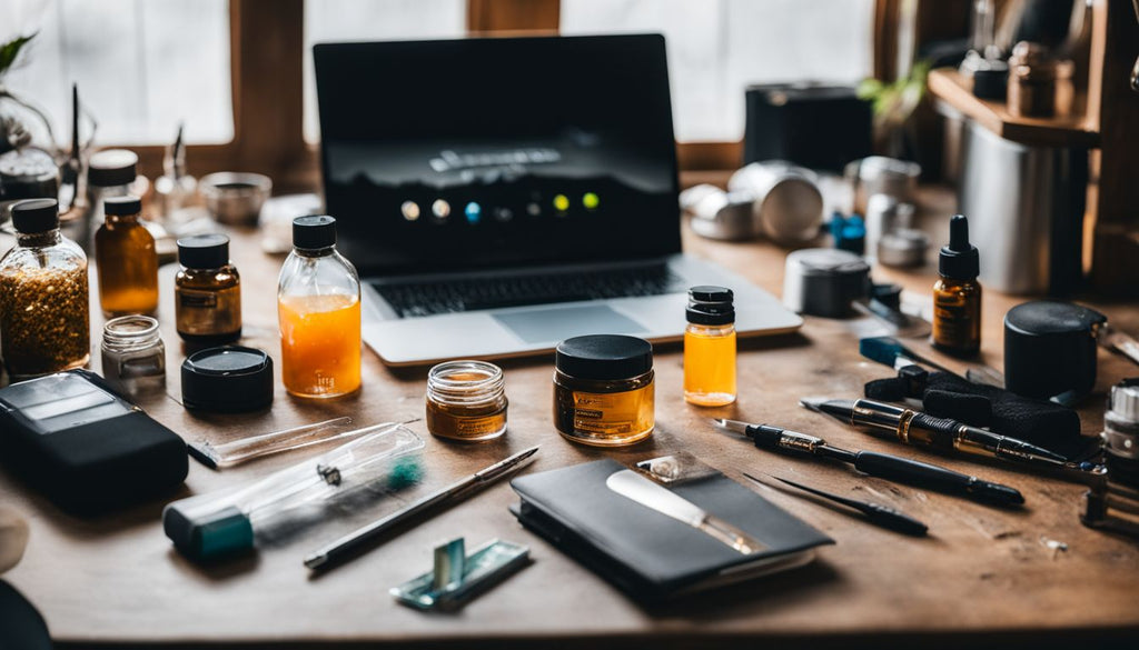 A messy table with high-quality concentrates, dab tools, and an eNail setup.