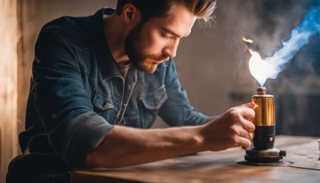 A person safely heating a dab nail with a torch.