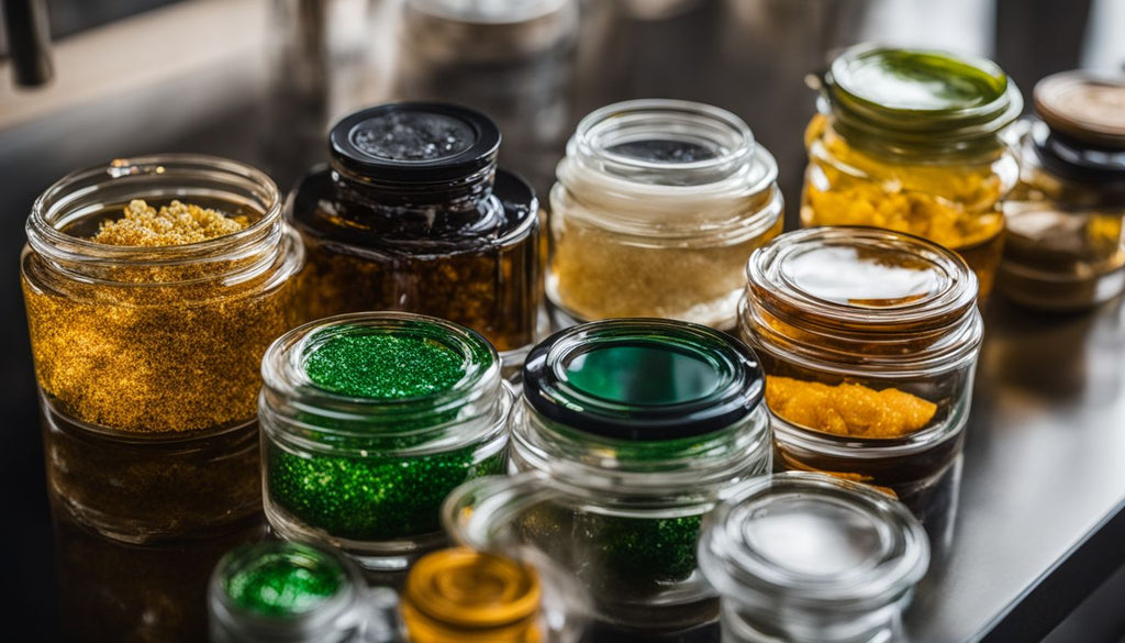 A variety of dabs displayed in shiny glass containers on a modern countertop.