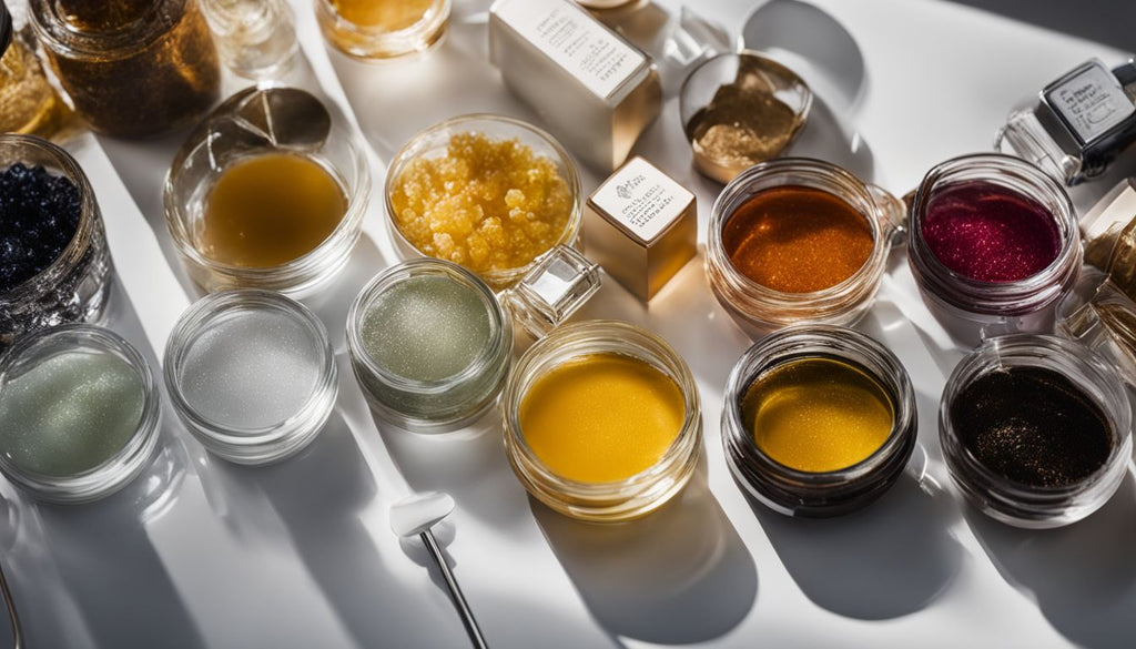 A variety of concentrates displayed on a modern tabletop in still life photography.