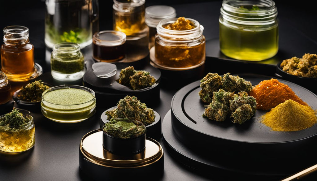 A variety of cannabis concentrates displayed on a black surface.
