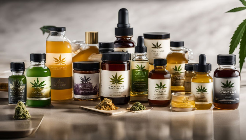 A variety of cannabis concentrates and extracts displayed on a modern countertop.