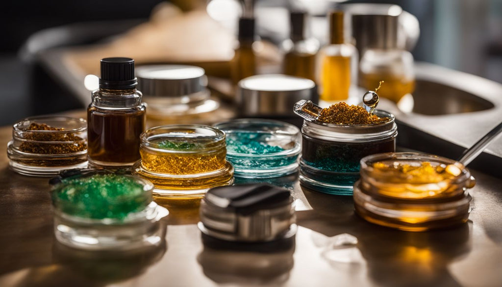 Various styles of dabs displayed on clean countertop.