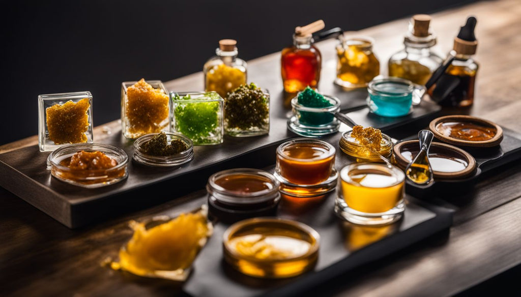 A variety of dabs displayed on a clean surface.
