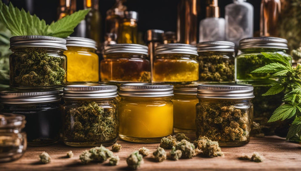 A collection of THC concentrates with cannabis plants in the background.