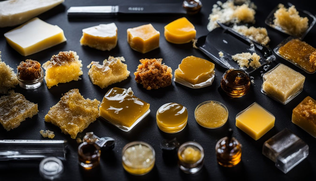 A close-up photo of various types of dabs on a black surface.