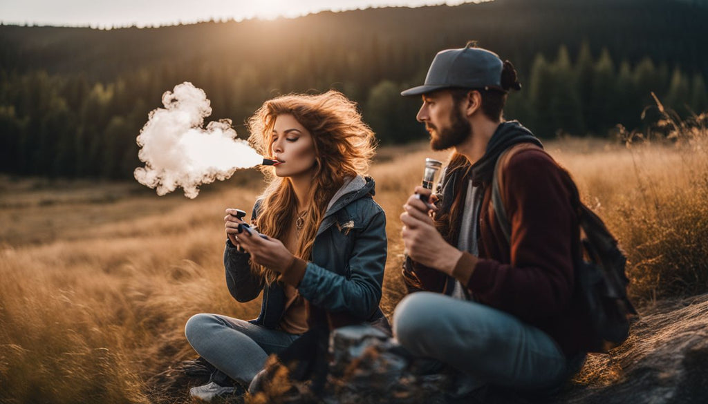 A person enjoying a portable vaporizer in a scenic outdoor setting.