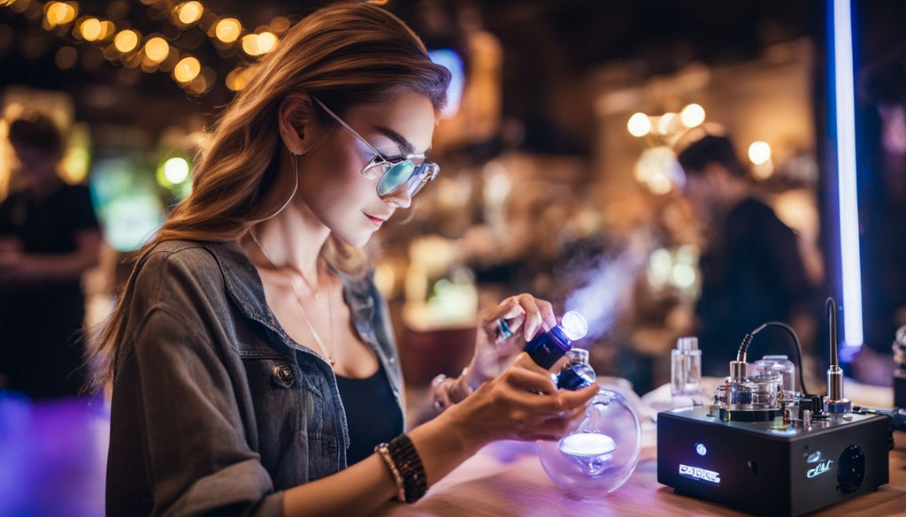 A woman using an e-nail dab rig with precise temperature control.