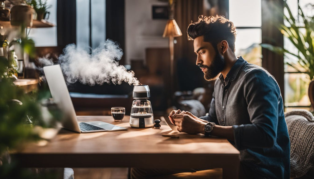 A person using a desktop vaporizer in a stylish home setting.