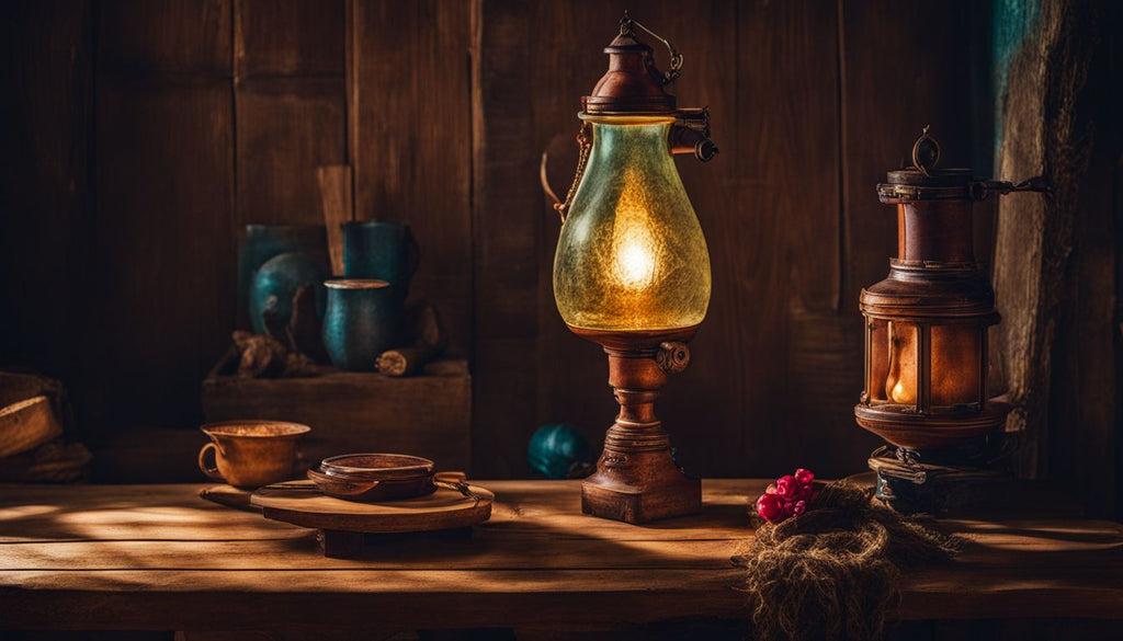 An ancient-looking bong on a rustic wooden table in a dimly lit room.
