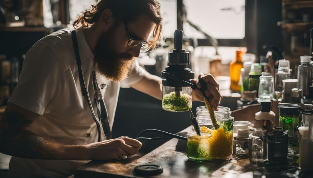 A person cleaning a dab rig at a well-organized workstation.