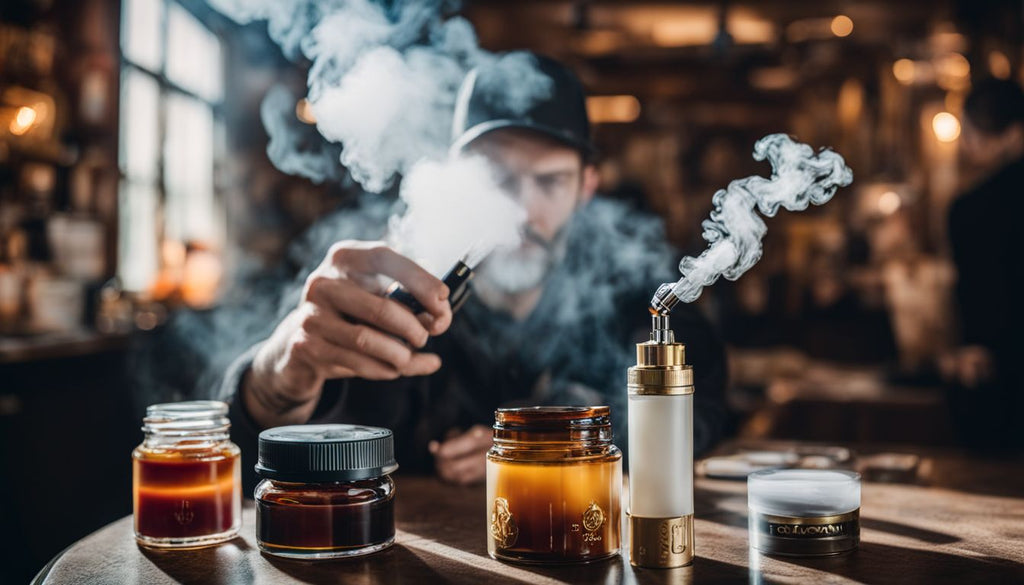 A person holding a dab pen and wax concentrate surrounded by vapor.