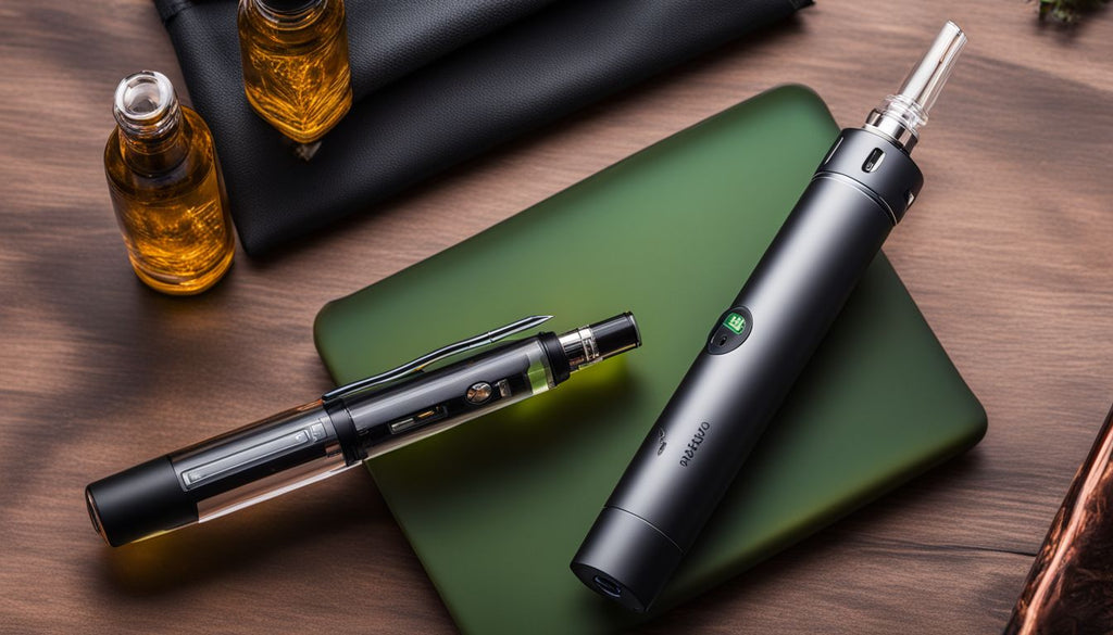 A selection of cannabis paraphernalia including a dab pen, concentrate, and vaporizer.