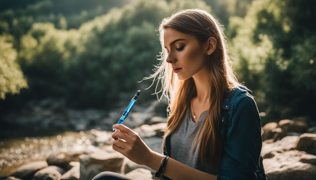A person enjoying a dab pen outdoors in a natural setting.