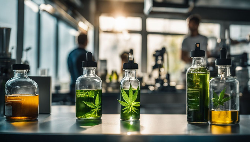A glass bottle of cannabis concentrate in a modern laboratory.