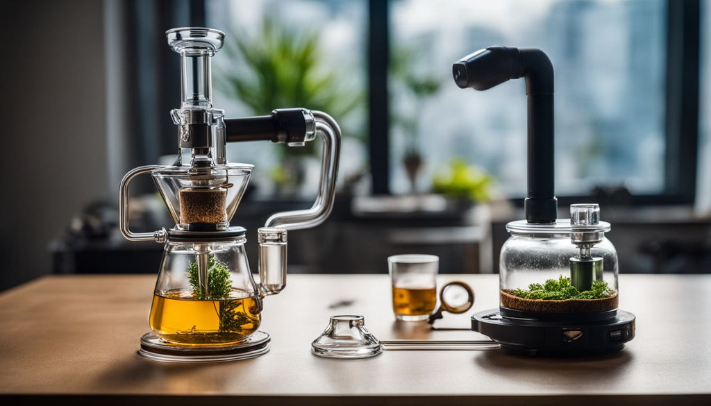 A recycler dab rig displayed on a modern tabletop with minimalistic background.